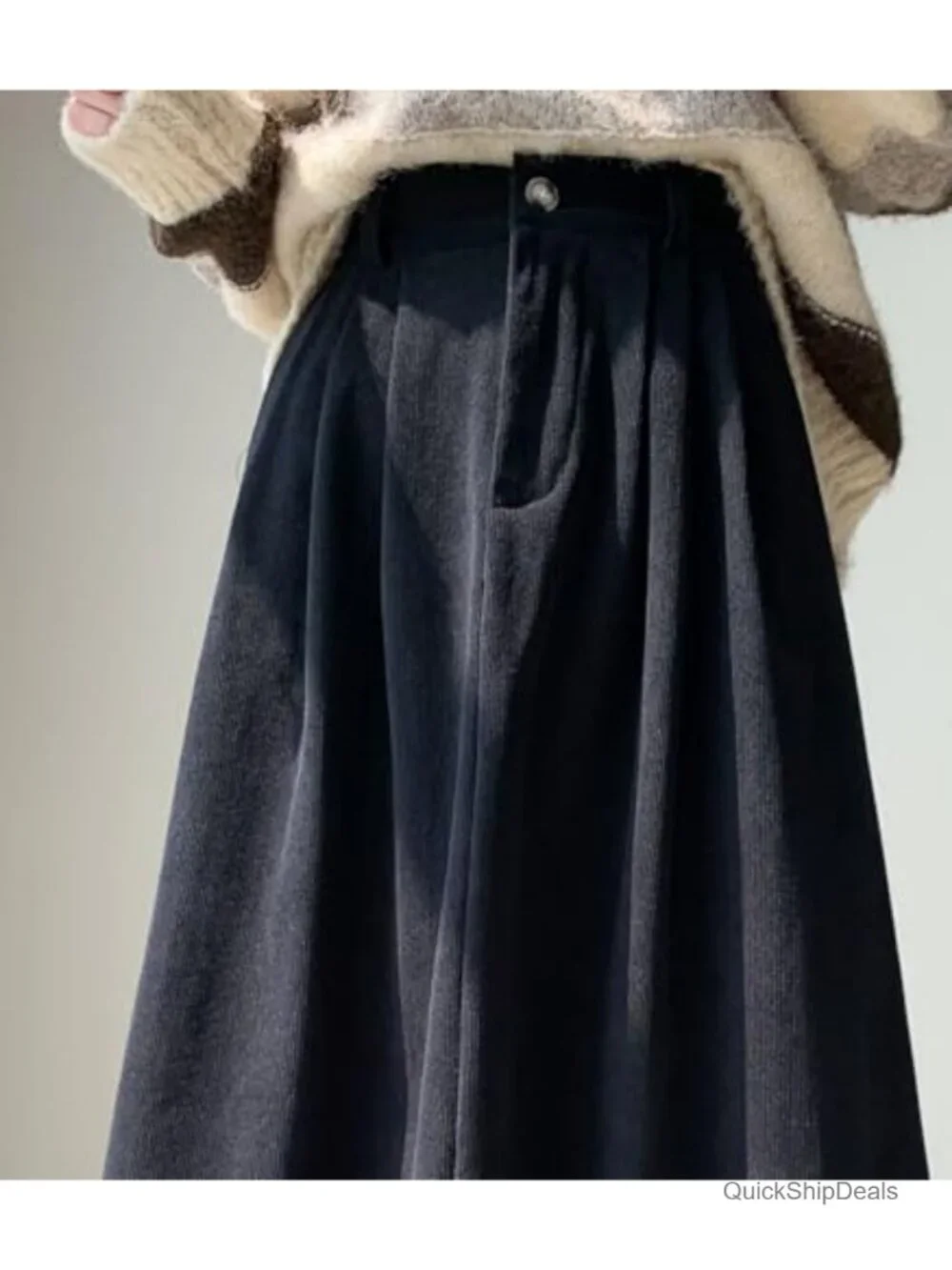 Women's Vintage Corduroy A-Line Skirt High Waist Pleated Midi with Pockets